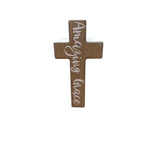 Amazing Grace Wooden Cross Decor 6.5" X 4" Rustic White & Natural Wood Finish In